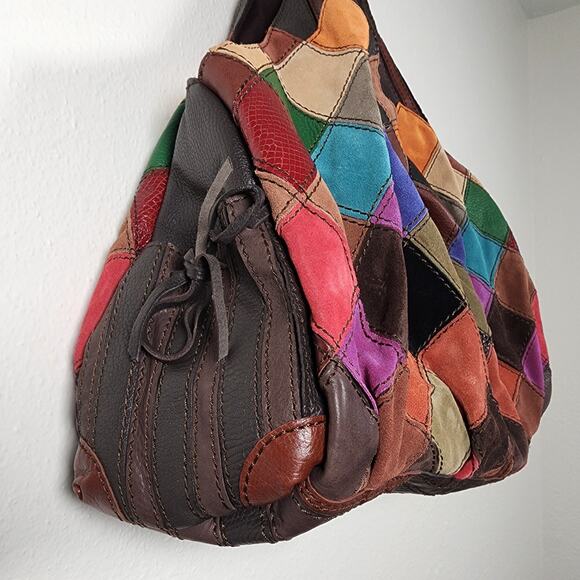 Lucky Brand Leather Patchwork Bag New Shoulder Tote Hobo Boho Large Colorful Vtg - Picture 3 of 12